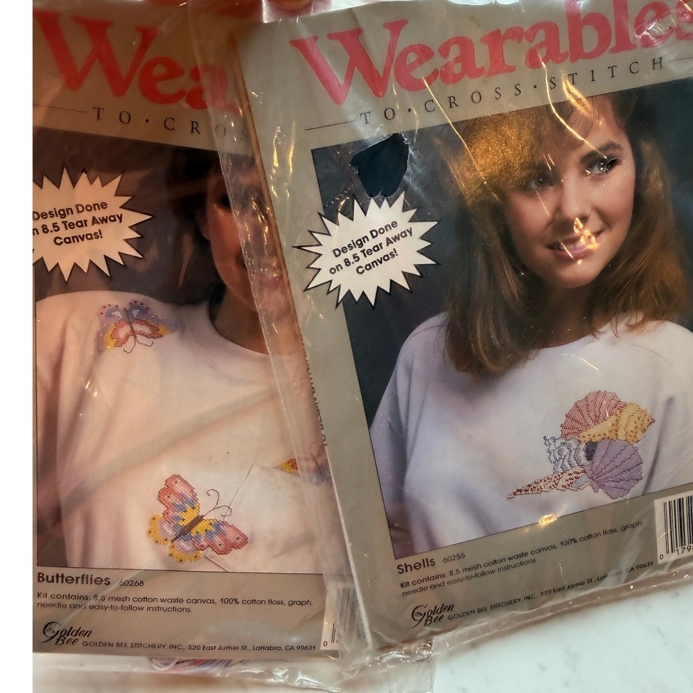 VTG Two Wearables Cross Stitch Kits Butterflies Sea Shells Waste Canvas Floss